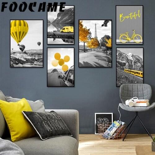 Landscape Painting Wall Canvas Nordic Light Luxury Art Scenery Yellow Maple Balloon Bicycle Decoration Poster Print Living Room