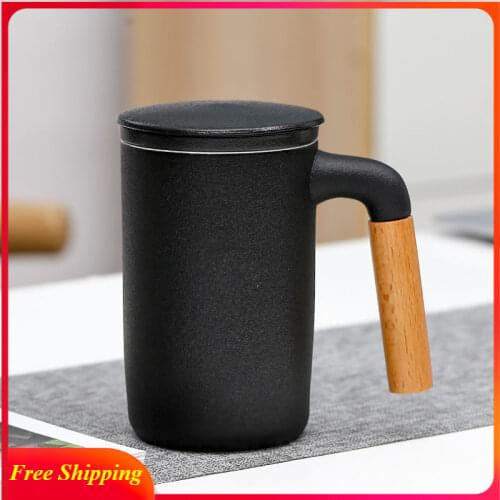 Ceramic Large Capacity Mug Japanese Style Ceramic Office Cup with Wooden Handle Gift Mug with Lid Tea Separation Ceramic Tea Mug