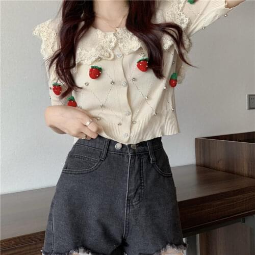 Summer Female Knitted Cardigan Short Top Women Embroidery Drilling Short Sleeve Shirt Sweet Doll Collar Lace Strawberry T Shirt