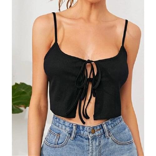 Summer Ladies Solid Color Sexy Fitting Camisole Stylish Sleeveless Low-Cut Connect Lace-Up Split Hem Wild Casual Sling Tops