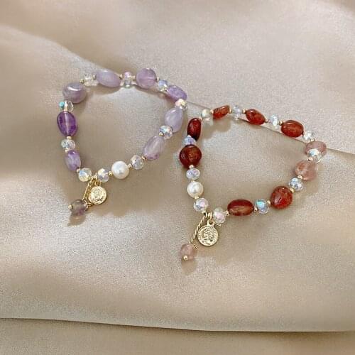 Origin Summer Funny 2 Styles Purple Red Colour Crystal Beaded Bracelet for Women Girls Alloy Round Coin Pendant Charm Bracelets