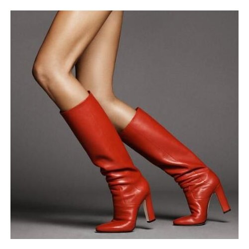 Sexy Red Leather Women Knee High Boots Round Toe 2019 Chunkly Heels Winter Long Boots Customized High Heel Shoes Plus Size 10