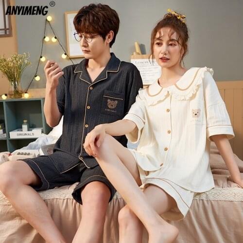 Youth Couples Pajamas Summer Shorts Texture Cotton Soft Breathable Men and Women Matching Lounge Wear Lapel Cartoon Printed Pjs