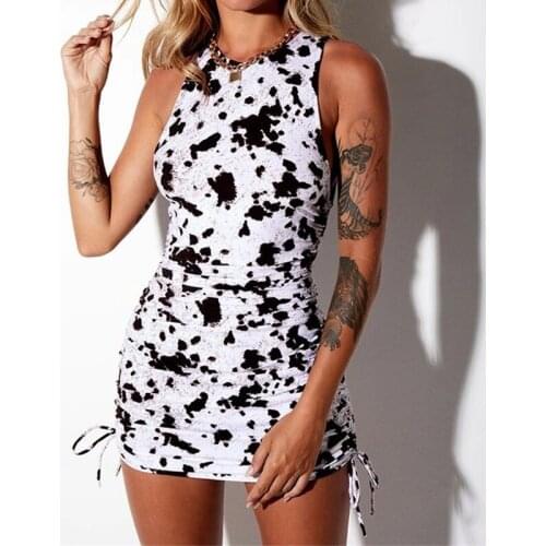 Striped Cow Print Dress Sleeveless O Neck Wrap Lace Up Party Mini Dresses Zebra Pattern Ruched Drawstring Summer Woman Dresses