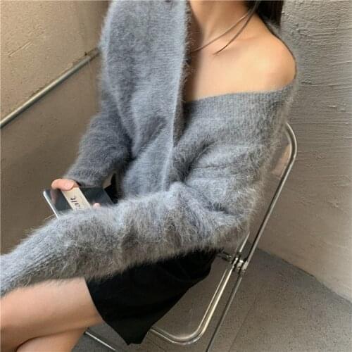 WTIANYUW High Senior Luxury Mink Cashmere Women V Neck Pullovers Elegant Winter Mohair Knitted Thick Soft White Loose Sweaters