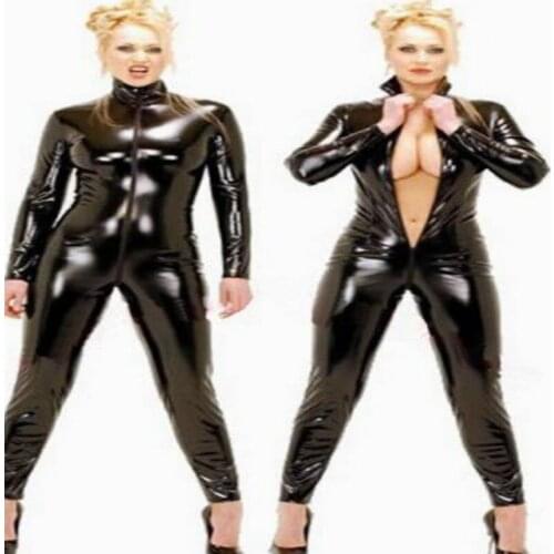 Sexy Women Black Patent Leather Jumpsuit pvc Latex Catsuit Zip Wet Look Leotard Bodysuit Women Lingerie Sexy Lingerie Exotic