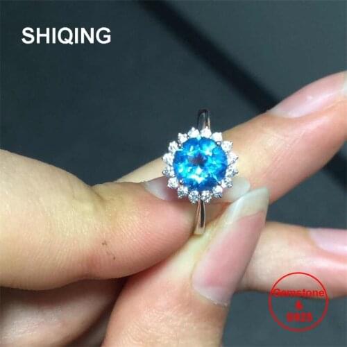 SHIQING Bright blue topaz real gemstone sunflower classical 925 silver adjustable rings for engagement