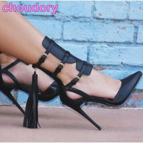 European Style Black Brown Patchwork High Heel Pumps Fringe Gladiator Pumps Buckle Strap Pointed Toe Shoes Cut-out Footwear