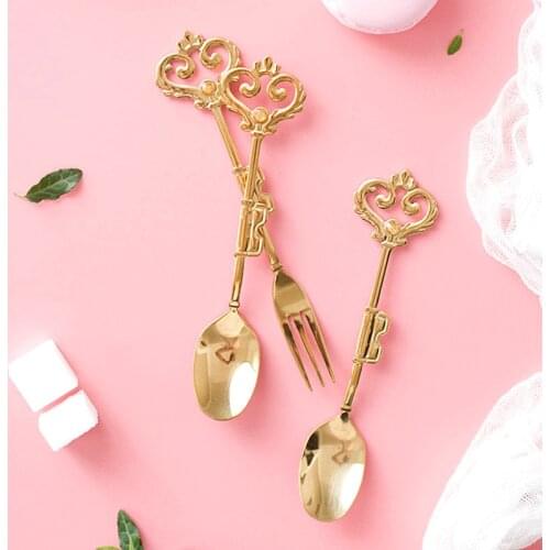Nordic Golden Retro Crown Dessert Coffee Cake Fork Spoon Stainless Steel Mini Decorative Fork Spoon Home Kitchen Tool