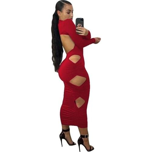 WJFZQM Spring Autumn Women Casual Bodycon Package Hip Midi Dress Long Sleeve Turtleneck Hollow Out Ruched Backless Long Dresses