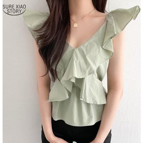 2021 V-neck Ruffled Vest Ladies Summer Elegant Woman Suspenders Solid Comfort Magnetic Female Tank Top for Women Clothing 15876