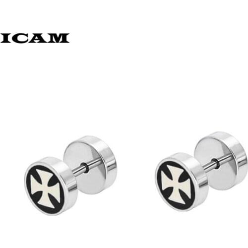 ICAM Punk Gothic Stainless Steel Stud Earring Iron Cross Round Fake ear taper dumbbell Fashion Women Mens Rock Style Jewelry