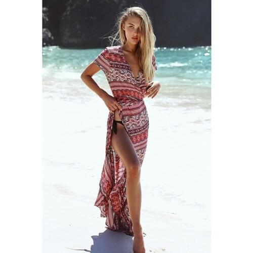 2019 New Summer Dress Bohemia Bench Fashion Casual Temperament Print Large Size Slim Short Sleeve V Neck Long Dress Women ZW177