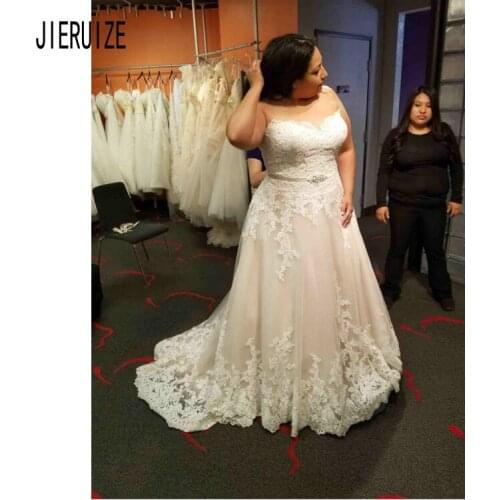 JIERUIZE Plus Size Wedding Dresses Sweetheart Neck Backless Lace Appliques Crystal Sash Bride Bridal Gowns vestido de noiva