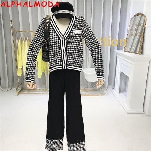 ALPHALMODA 2020 Spring Women Plaids Knit Cardigans Wide Leg Pants Women Fashion 2pcs Knitting Suit Black White Elegant 2pcs Set