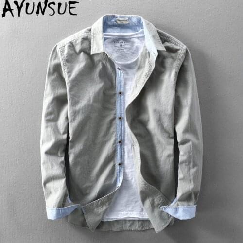 AYUNSUE Mens Shirt Spring Summer White 100% Cotton Shirt Long Sleeve Casual Shirts for Men Vintage Clothes Chemise Homme KJ4666