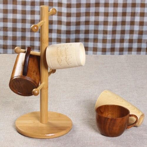 Bamboo Mug Rack Tree Removable Bamboo Mug Stand Storage Coffee Tea Cup Organizer Hanger Holder with 6 Hooks