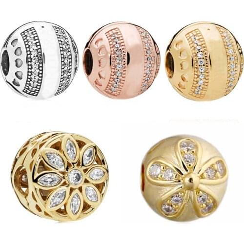 Shine Stripes Logo Hearts Leaves Snowflake Dazzling Daisies Clip Beads Fit Europe Bracelet 925 Sterling Silver Charm Jewelry