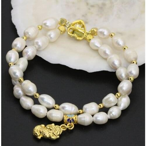 7-8mm white natural freshwater cultured barrel rice pearl two rows clasp bracelets original design charms jewelry 8inch B2759