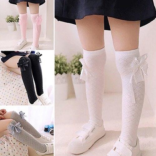 Kids Girls Fashion Cotton Stockings School Knee High Gridding Bow Dance Stockings