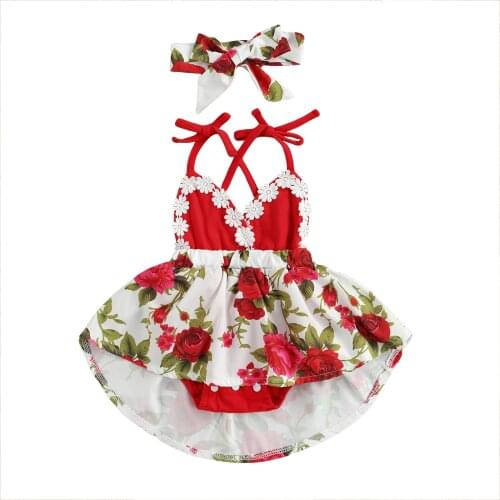 Newborn Baby Girl Clothes Summer Sleeveless Floral Printed Ruffle Romper Dress Headband 2Pcs Outfits Cotton Clothes Set