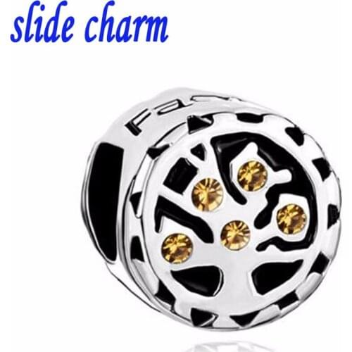 Slide charm Valentines Day gift golden crystal amulet my family apple orchard charm beads fit Pandora bracelet