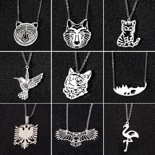 Origami Animal Necklace Stainless Steel Jewelry Cat Bear Hummingbird Dog Bird Necklaces & Pendants Birthday Gifts Wholesale