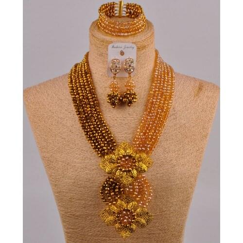 Gold Plated and Champagne Gold AB Nigerian Wedding African Beads Jewelry Set Crystal Jewelry Sets 6CHL