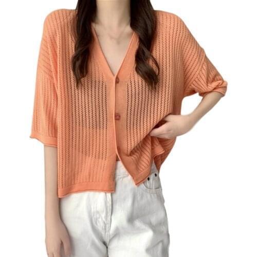 Korean Style Fashion Women Cardigan Top Femme Knitted Summer Short Sleeve Tee Shirt Tops