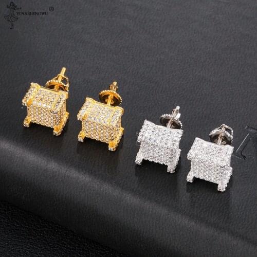 New Mens Zircon Earring Hip hop style Copper Material Iced Bling CZ Square Stud Earrings Screw-back Fashion Jewelry Accessories