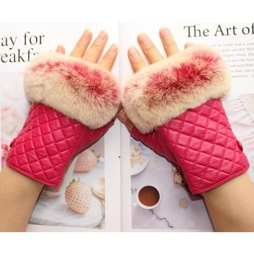 New Women Leather Half Finger Gloves Female Short Rabbit Fur Style Thin Rayon Lining Girls Riding Fashion Driving Mittens