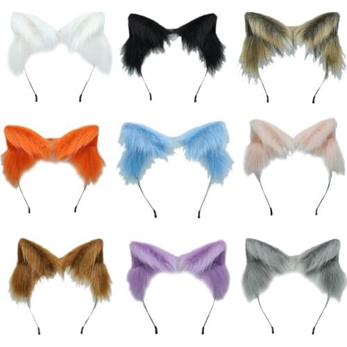 Handmade Simulation Faux Fur Wolf Ears Headband Realistic Solid Color Fluffy Plush Animal Hair Hoop Cosplay Costume