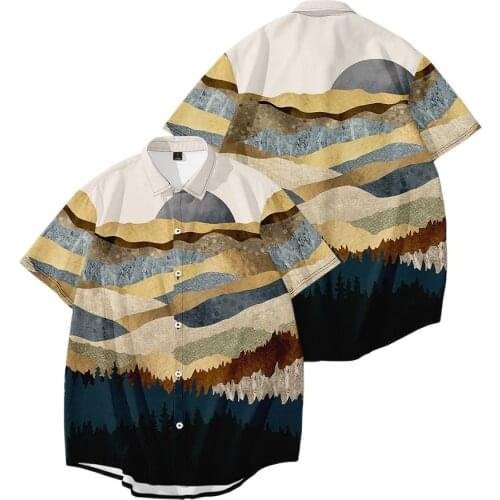 Men Casual Mountain Print Beach Shirts New Summer Men Vintage Hawaiian Short Sleeve Shirt Oversized XXS-6XL