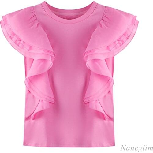 Mesh Patchwork Ruffled Short Sleeve Loose T-shirt Women 2021 Summer Clothing New Pink Tee Shirts Camisetas De Mujer Nancylim