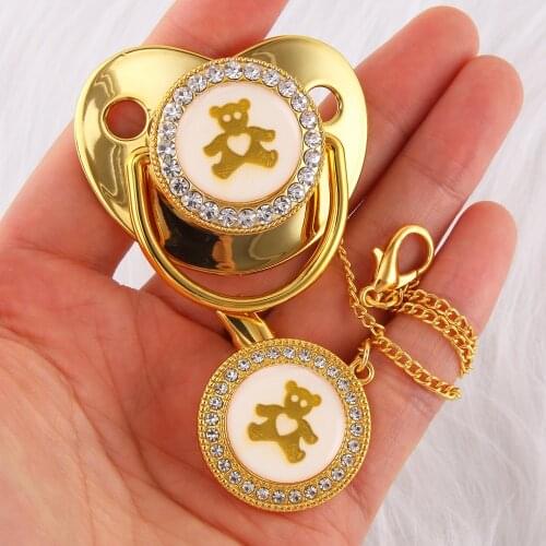 Bling Bling Luxury Rhinestone Pacifier Baby Lovely Gold Bear Newborn Silicone Orthodontic Pacifier Nipple Sleep Soother