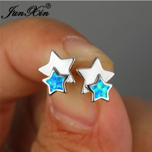 Unique Double Star Stud Earrings Blue White Fire Opal Earrings For Women White Gold Rainbow Birthstone Wedding Ear Studs Jewelry