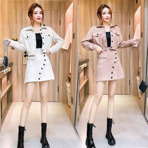 Women 2021 Spring Autumn Suede Leather Jacket + Camisole + Skirts 3pcs Sets Female Short Coat + Vest + Skirt Suits Outfits D334