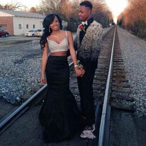 Special Style 2021 Sexy Two Pieces Spaghetti Straps Mermaid Prom Dresses Crystal Beaded Mermaid Evening Gowns Black Vestido