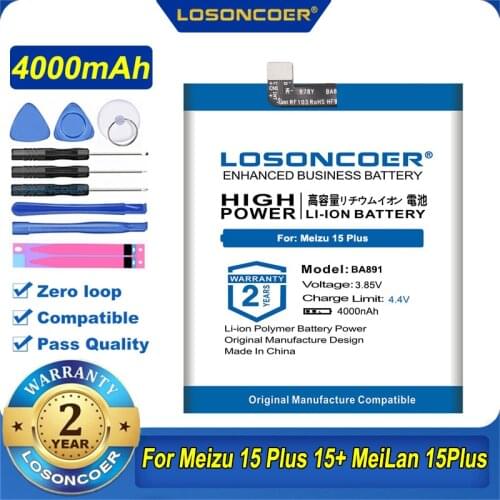 100% Original LOSONCOER BA891 Battery 4000mAh For Meizu 15 Plus 15+ MeiLan 15Plus M891Q M891H Smartphone Battery
