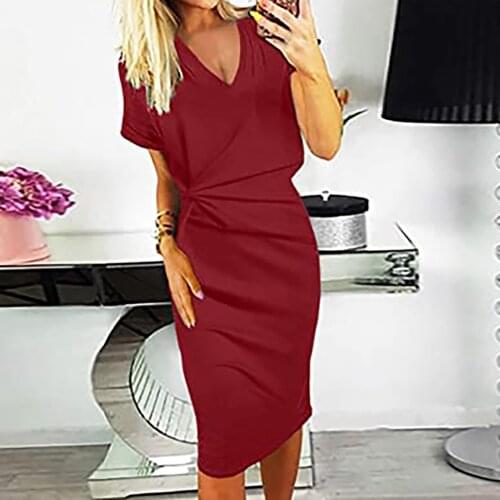 40# Pleated Formal Summer Dress Women Solid Color Vintage Dress Short Sleeve Elegant Dress V-neck Dress Короткий Рукав Платье