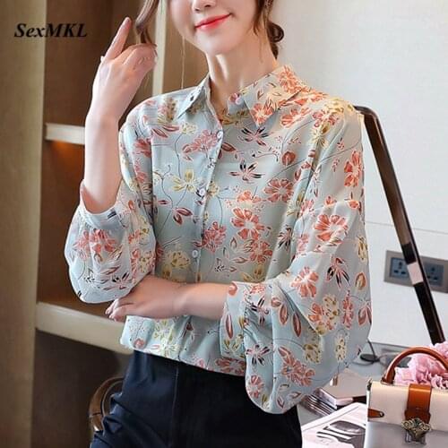 Women Long Sleeve Office Blouses 2020 Fashion Korean Style Floral Printed Loose Ladies Tops Clothes Elegant Sexy Chiffon Shirts