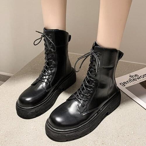 Rimocy Autumn Platform Motorcycle Boots for Women Lace Up Thick Heels Ankle Boots Woman Pu Leather Non Slip Botas Mujer 2021