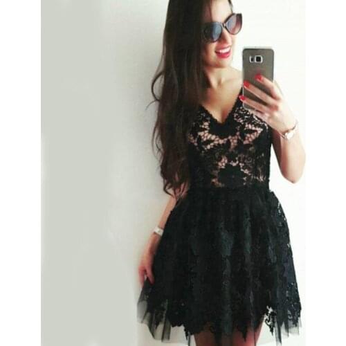 Cheap Cocktail Dresses Sexy Black Lace Short Homecoming Prom Dress V neck Ruched Tulle Open Back New Mini Cheap Party Graduation