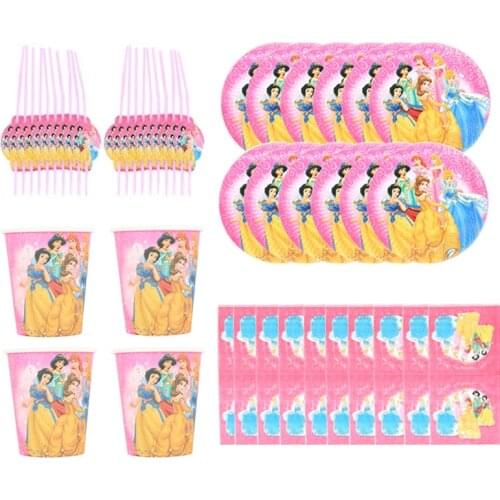 Disney Princess Party Disposable tableware Set For Kids Birthday Princess Straw Napkins Paper Cup Plate Party Favor Gifts