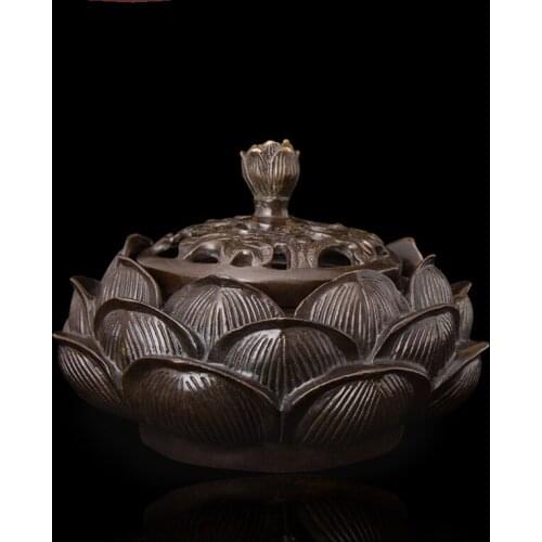 Arts Crafts Copper Chinese religious furnishing articles bronze incense burner Lotus cover furnace statue home decor