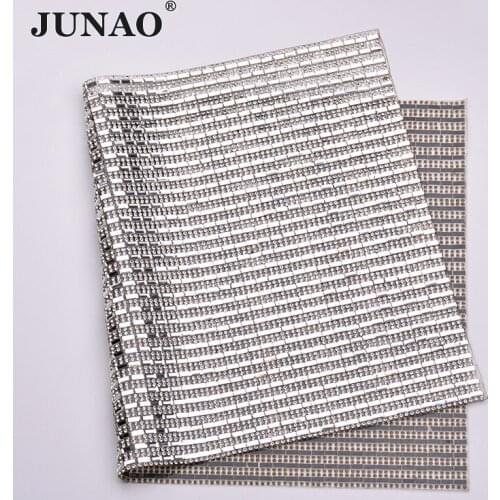 JUNAO 24*40cm Clear Glass Rhinestone Mesh Trim Hotfix Crystal Applique Strass Fabric Banding for Dress Shoes