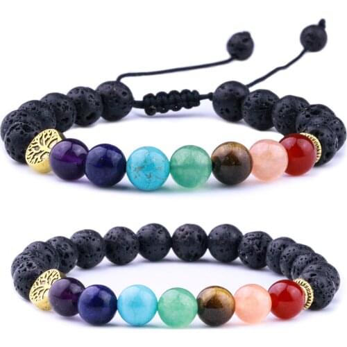 8mm Lava Stone Tree Of Life Weave 7 Chakra Healing Balance Beads Reiki Aromatherapy Essential Oil Diffuser Bracelet Jewelry