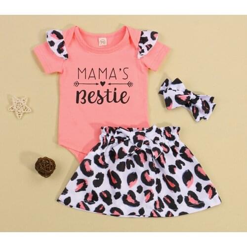 3 Pcs Newborn Leopard Outfits Toddler Letter Print Fly Sleeve Round Neck Romper + Skirt + Bowknot Headband