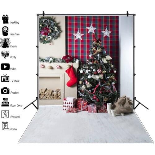 Laeacco Christmas Tree Balls Stars Lights Gifts Fireplace Snow Photography Backdrops Photo Backgrounds Baby Birthday Photozone
