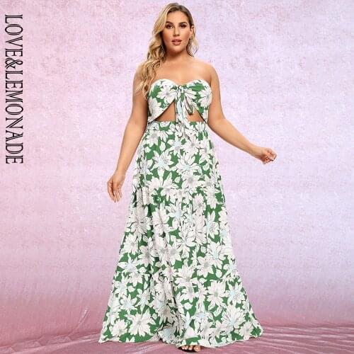 LOVE&LEMONADE PLUS SIZE Sexy Tube Top Cut-Out Green Flower Print A-Line Beach Maxi Dress LM83463PLUS